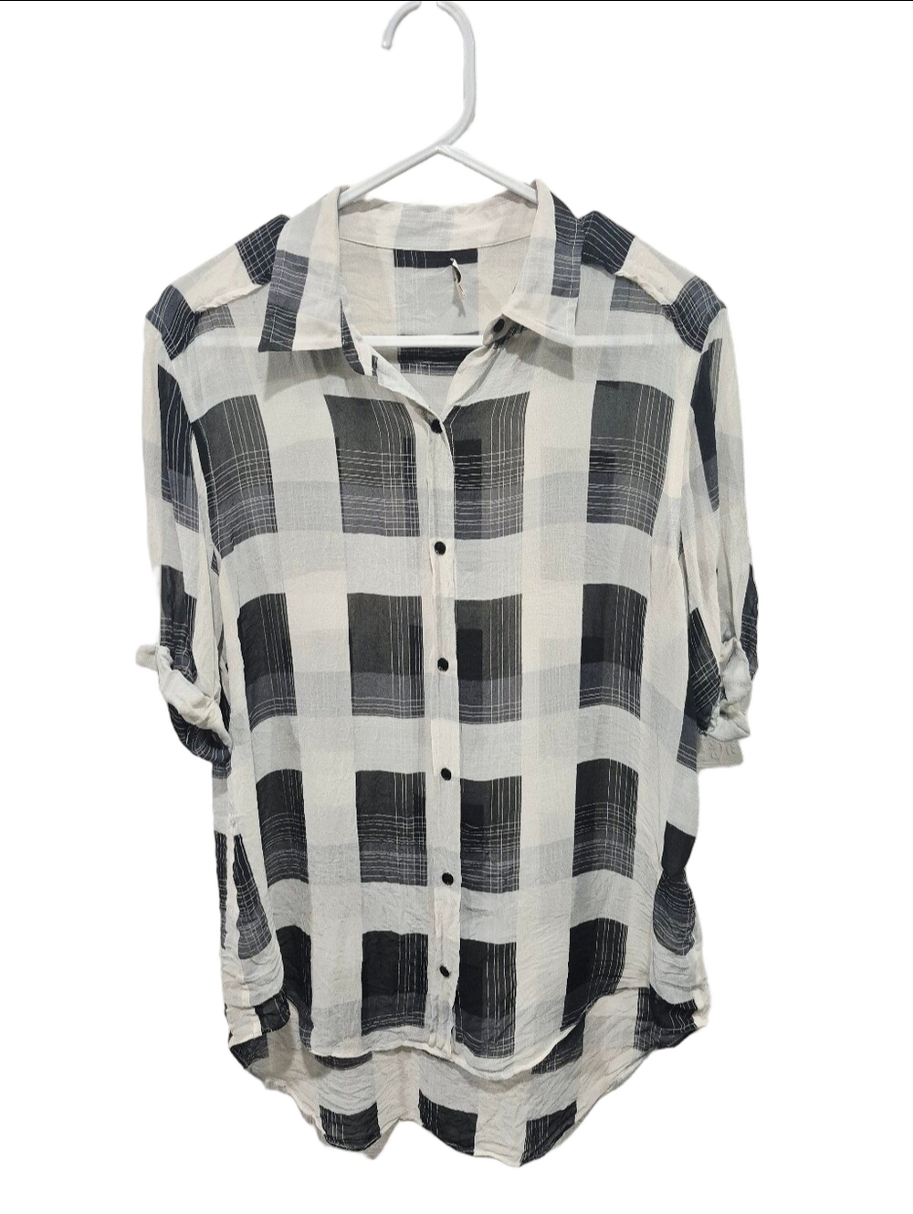Aritzia Wilfred Silk Plaid Button-Down Shirt Sheer Tunic Blouse Black Cream